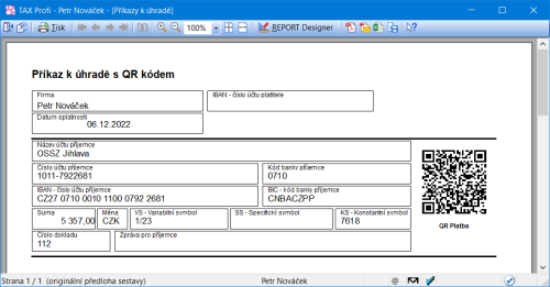 Do programu jsme zapracovali novou sestavu Příkaz k úhradě (s kódem QR Platba) pro rychlejší proplacení dokladu