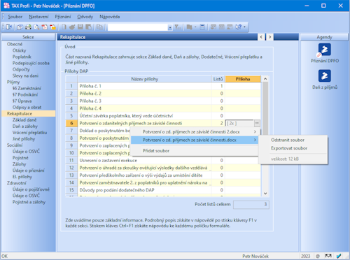 V programu TAX nově můžete v sekci Rekapitulace zadávat více příloh k daňovému přiznání