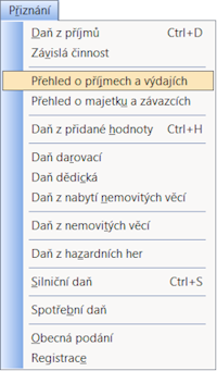 Po nastavení jednoduchého účetnictví v Adresáři poplatníků najdete v nabídce Přiznání nové agendy