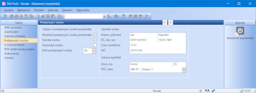 V agendě Nastavení poplatníka můžete pro jednotlivé poplatníky uvádět různé podepisující osoby