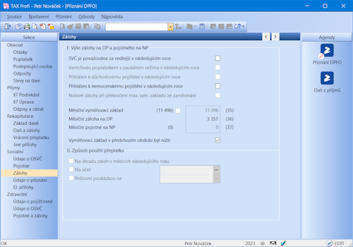 Výši prvního závazku po podání přehledu ovlivníte novou volbou v agendě Přiznání DPFO v sekci Sociální/Zálohy