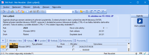 Povel el. odesláno na ZP označí přiznání ve formuláři příznakem El. odesláno na ZP