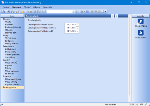 V sekci Termíny plateb zadáte skutečné datum podání daňového přiznání a přehledů.