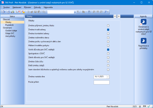 Zatržením požadované změny se zpřístupní sekce pro změnu údajů