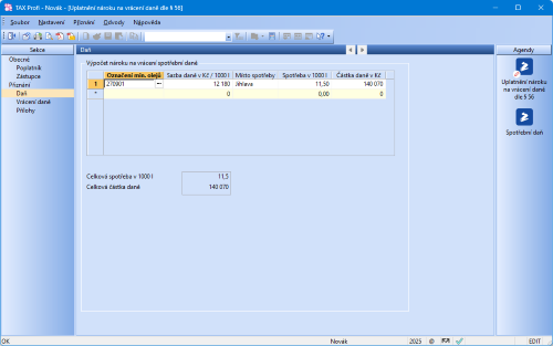 Zadejte údaje pro výpočet nároku na vrácení spotřební daně