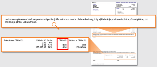 Na faktuře se objeví informace o tom, že výši DPH je povinen doplnit a přiznat příjemce plnění.