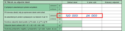 V rámci odpočtu DPH vstoupí základ daně a vyčíslená daň na řádek 43 přiznání k DPH.