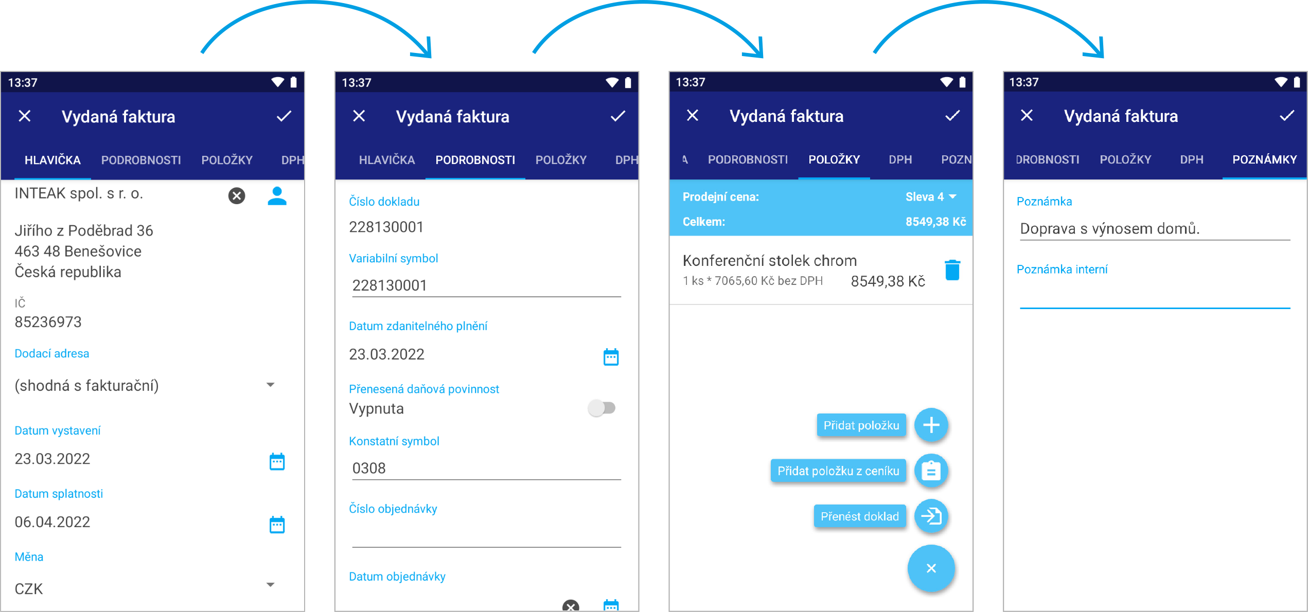 Při vytváření faktury na mobilu postupujete po jednotlivých záložkách, ve kterých naťukáte všechny náležitosti faktury Při vytváření faktury na mobilu postupujete po jednotlivých záložkách, ve kterých naťukáte všechny náležitosti faktury