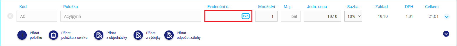 Evidenční číslo můžete na doklad vložit i dodatečně kliknutím na ikonu v poli Evidenční č.