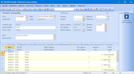 Účetní program POHODA: Cestovní příkazy