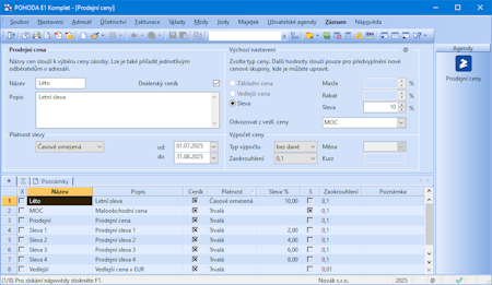Účetní program POHODA: Agenda Prodejní ceny