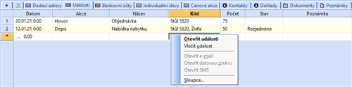 Vložení události k aktuální adrese