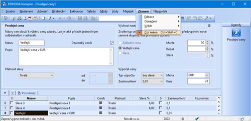 Nastavení prodejních cen v cizí měně