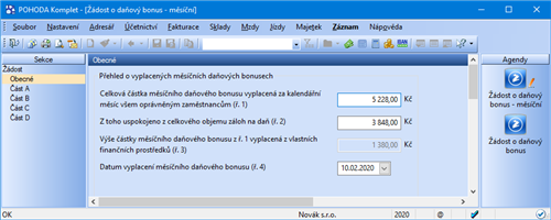 Agenda Žádost o daňový bonus