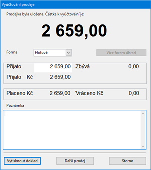 Vyúčtování prodeje a tisk dokladu