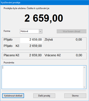 Vyúčtování prodeje a tisk dokladu