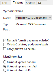 Záložka Tiskárna