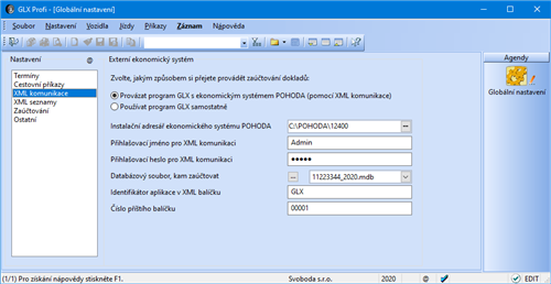 Sekce XML komunikace (pouze varianta Profi)