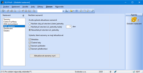 Sekce XML seznamy (pouze varianta Profi)