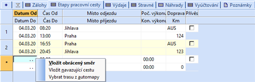 Záložka Etapy pracovní cesty