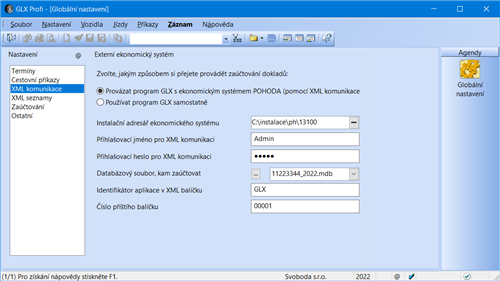 Sekce XML komunikace (pouze varianta Profi)