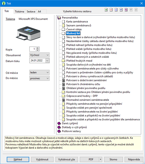 Tiskové sestavy v agendě Personalistika