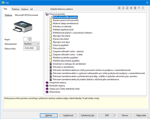 Tiskové sestavy v agendě Pracovní poměry