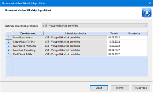 Hromadné vložení lékařských prohlídek