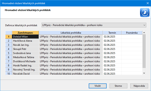 Hromadné vložení lékařských prohlídek