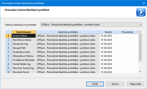 Hromadné vložení lékařských prohlídek