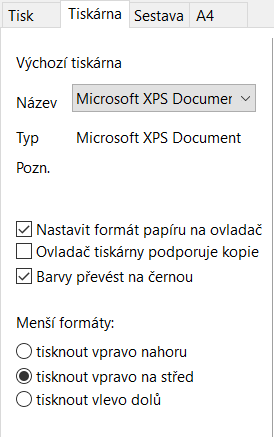 Záložka Tiskárna