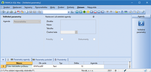 Záložky Parametry agendy a Parametry položek
