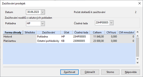 Zaúčtování tržeb z agendy Prodejky