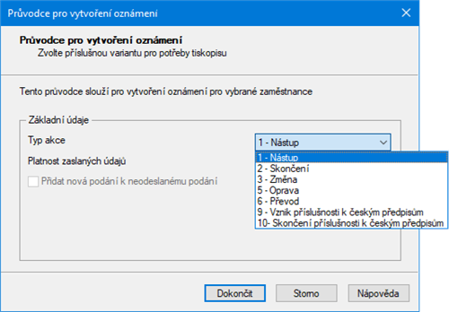 Odeslání oznámení o nástupu do zaměstnání (skončení zaměstnání)