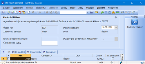 Vystavení kontrolního hlášenív programu POHODA