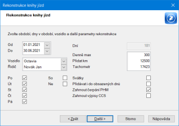 GLX: Pro rekonstrukci knihy jízd stačí zadat pravidelné jízdy s četností jejich výskytu, vozidlo, počet chybějících kilometrů a dny, do kterých mají být jízdy přidány