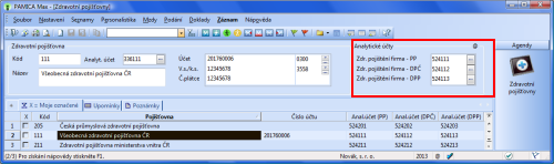PAMICA: Zatímco analytické členění účtu 524 pro sociální pojištění podle druhů poměrů zadáváte v agendě Globální nastavení, pro nastavení analytického členění zdravotního pojištění slouží přímo agenda Zdravotní pojišťovny.