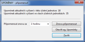 PAMICA: Okno s celkovým počtem upomínek ve vybrané a všech účetních jednotkách se objeví po použití povelu Zobrazit připomenutí v agendě Upomínky
