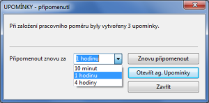 PAMICA: Při založení záznamu PAMICA informuje o vytvoření upomínek s navázanými úkoly. Umožňuje posunout připomenutí, přepnout se do agendy Upomínky nebo připomenutí zavřít