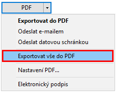 V agendách Závazky, Pohledávky nebo v seznamových agendách najdete povel Exportovat vše do PDF, díky kterému převedete všechny vybrané záznamy do PDF