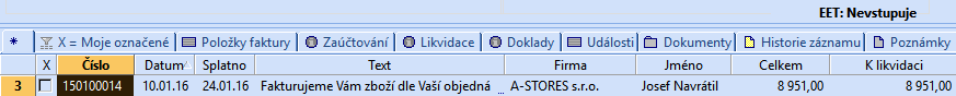 Účetní program POHODA – EET: Nevstupuje