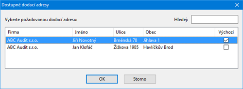 Vložení adresy do dokladu v jiné agendě